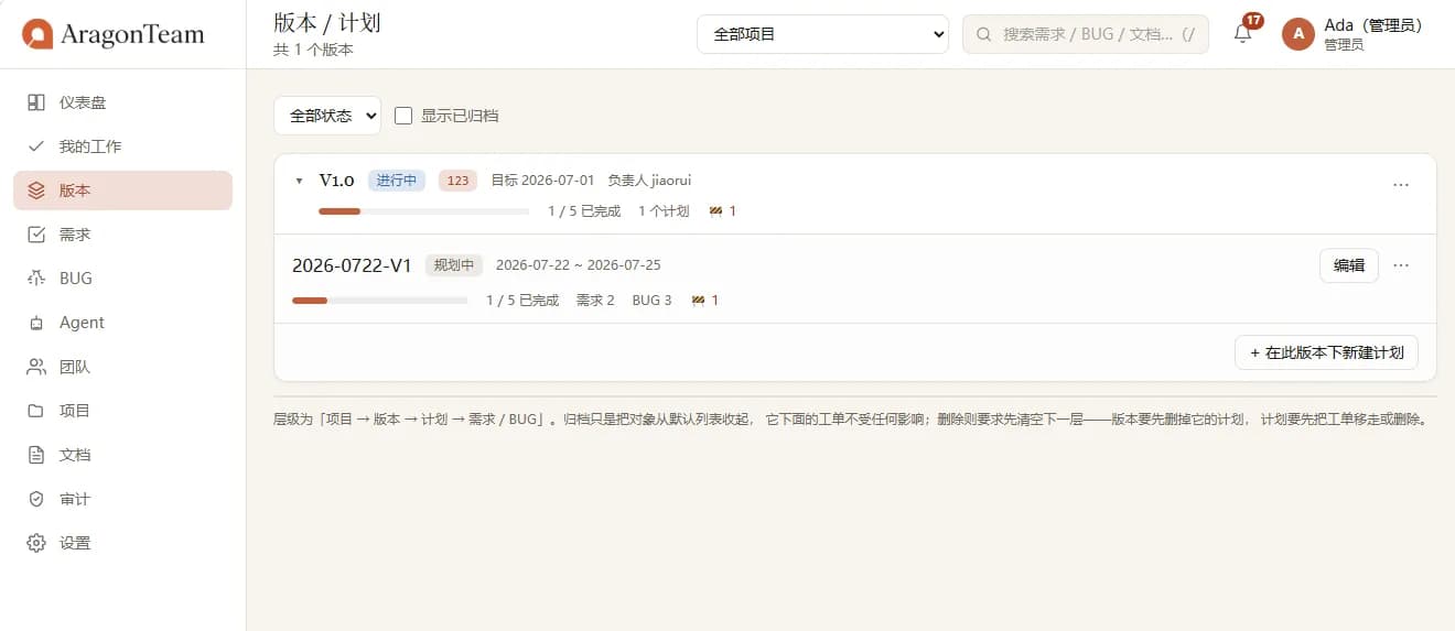 AragonTeam 版本与计划界面：按版本组织研发任务，进度条与需求、BUG、计划数量统计并列，可展开查看版本下属计划并定位延期与阻塞事项